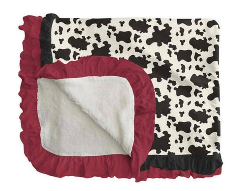 Ruffle Sherpa Lined Double Ruffle Cow Print Toddler Blanket